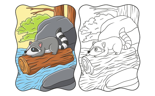 Cartoon afbeelding De wasbeer beklimt een grote boomstam die in de rivier drijft in een boek of pagina voor kinderen in buikligging