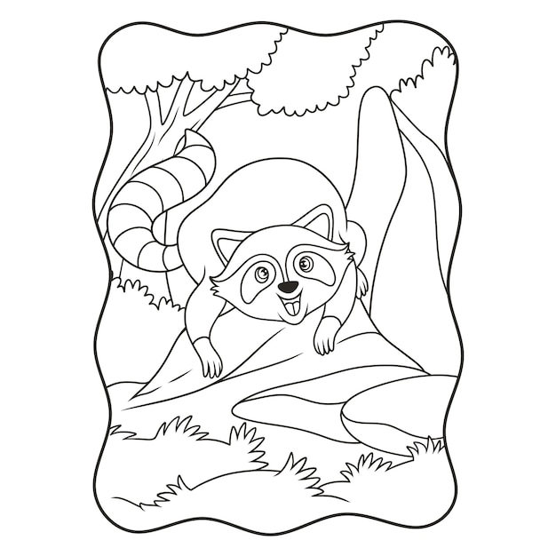 Cartoon afbeelding De wasbeer kruipt op een grote rots in het midden van het bos met een gelukkig pose boek of pagina voor kinderen zwart-wit