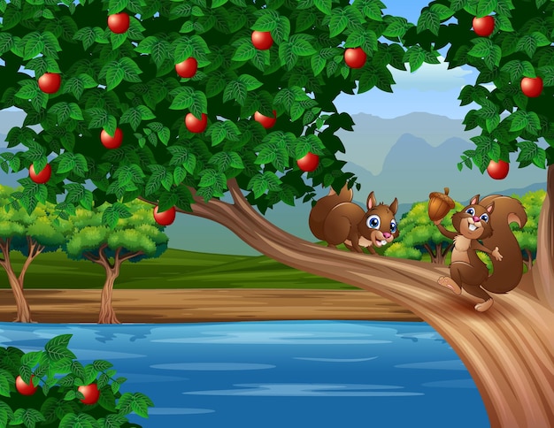 Cartoon afbeelding een schattige eekhoorns op de appelboom