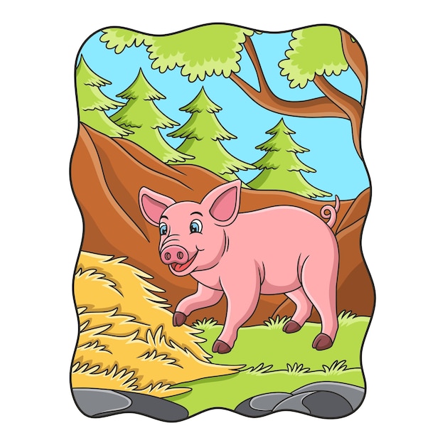Cartoon afbeelding een varken rondlopen in zijn kooi in de buurt van het hooi