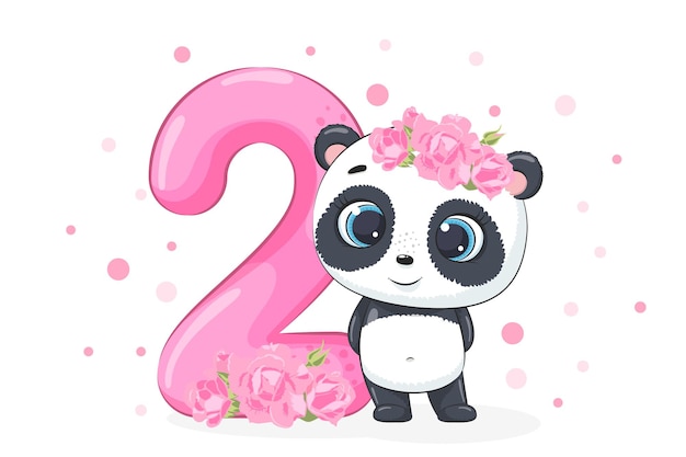 Cartoon afbeelding "Happy birthday, 2 jaar", schattig panda meisje. Vector illustratie.