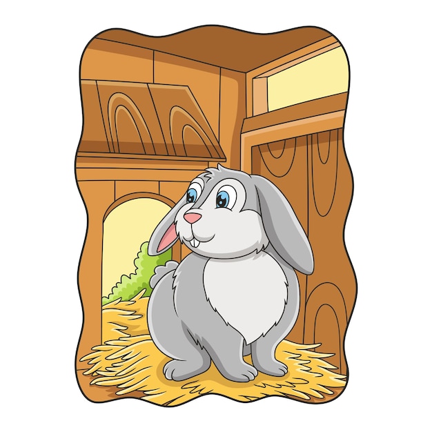 Cartoon afbeelding het konijn op het hooi in de kooi