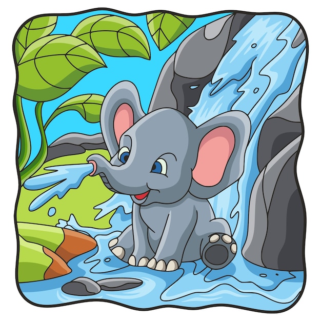 Cartoon afbeelding olifant spelen water in de waterval