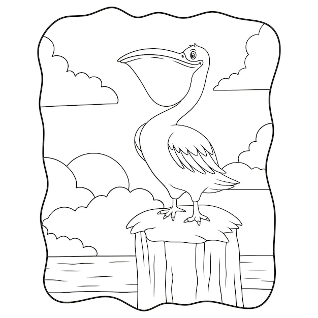 Cartoon afbeelding pelikanen neergestreken op boomstammen in de buurt van de rivier boek of pagina voor kinderen zwart-wit