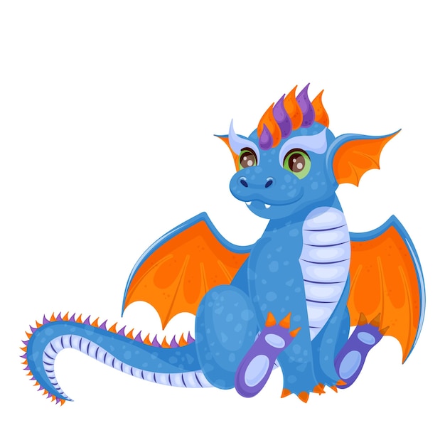 Cartoon afbeelding van blauwe kleine draak Schattig sprookje dinosaurus ontwerp Gelukkig karakter grappig monster Oranje vleugels Kid speelgoed Mooi en fantasieschepsel Geïsoleerd op witte achtergrond Vectorillustratie