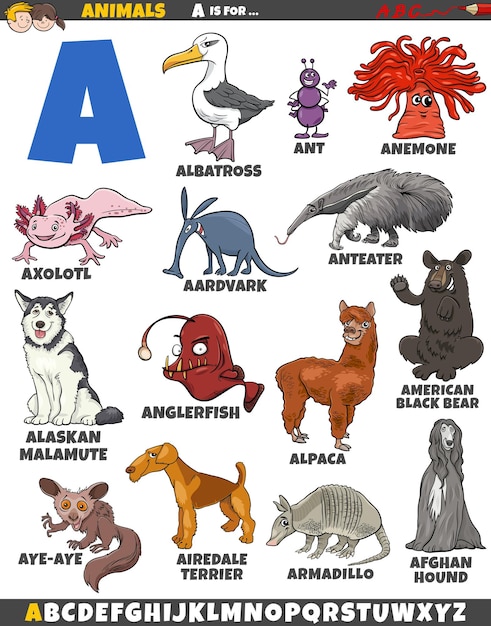 Cartoon afbeelding van dierlijke karakters ingesteld voor letter A