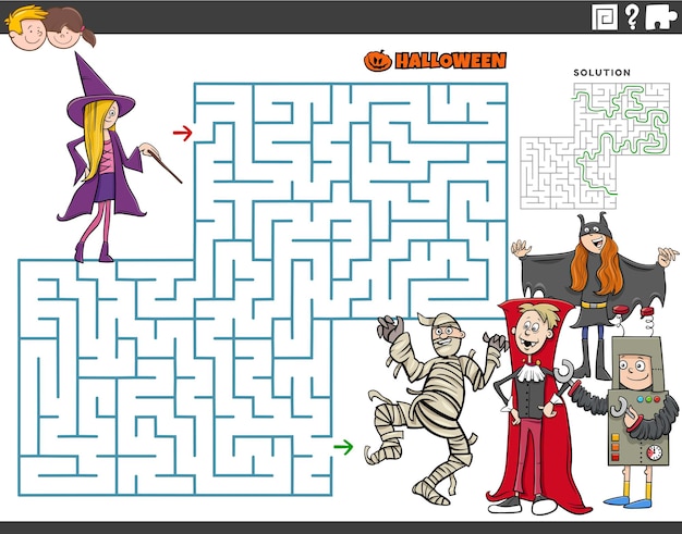 Cartoon afbeelding van educatief doolhof puzzelspel met kinderen op Halloween tijd