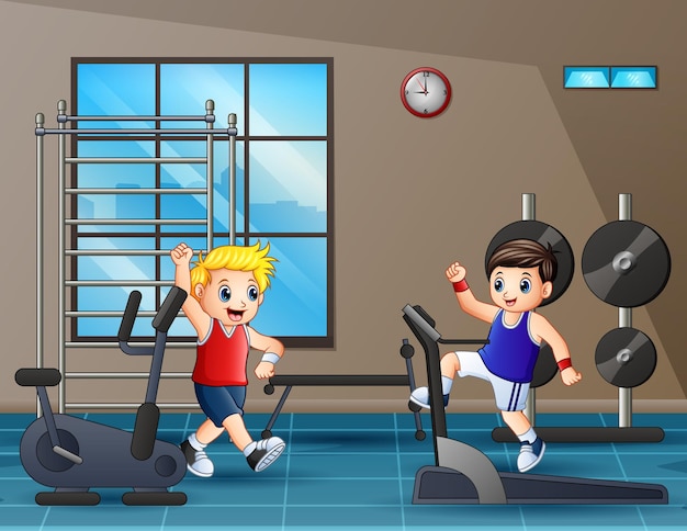 Vector cartoon afbeelding van gelukkige jongens in de sportschool