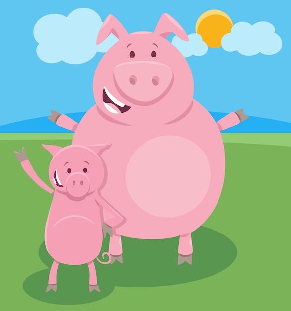 Cartoon afbeelding van grappige varkens boerderij dieren karakter met kleine big