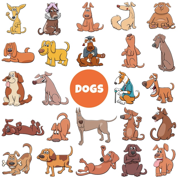 Vector cartoon afbeelding van honden en puppy's huisdier stripfiguren grote set