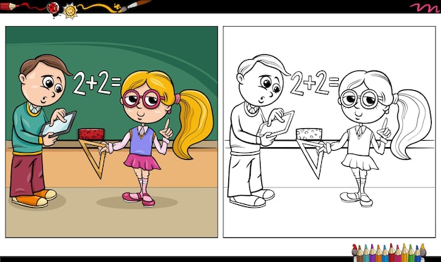 Cartoon afbeelding van jongen en meisje tekens op het bord kleurboek pagina
