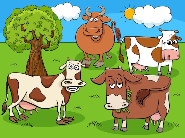 Cartoon afbeelding van koeien boerderij dieren tekens groep in de wei