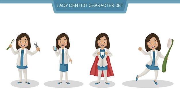 Cartoon afbeelding van lady dentist character set