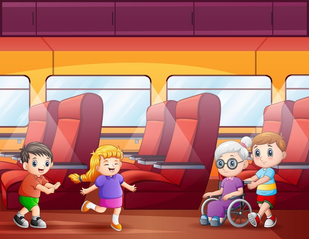 Cartoon afbeelding van meerdere passagiers in de trein