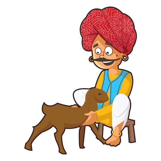 Cartoon afbeelding van rajasthani man met geit kind