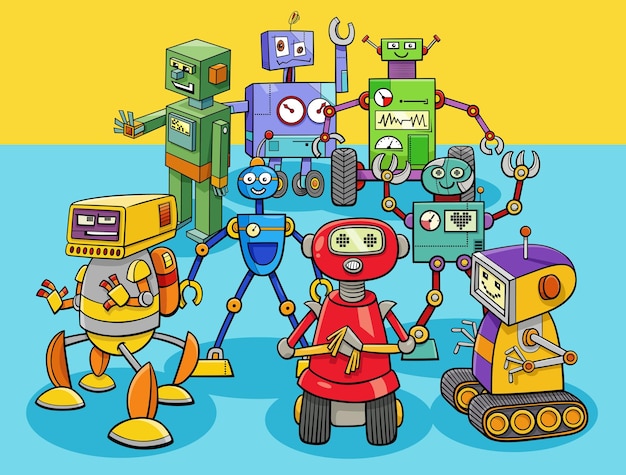 Cartoon afbeelding van robots en droids stripfiguren groep