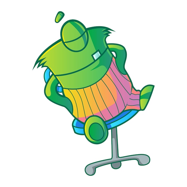 Cartoon afbeelding van schattig groen monster met één oog dat in de stoel slaapt