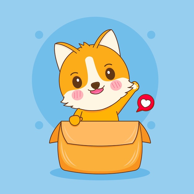 Vector cartoon afbeelding van schattige corgi hond karakter spelen in doos