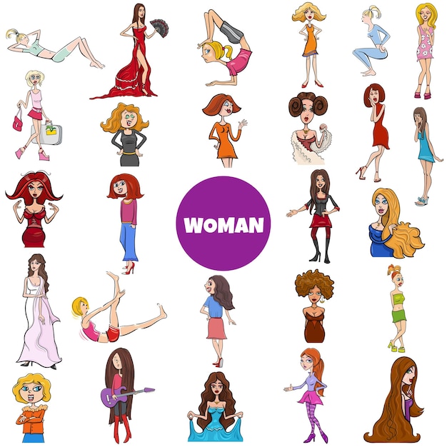 Cartoon afbeelding van vrouwen en meisjes stripfiguren grote set