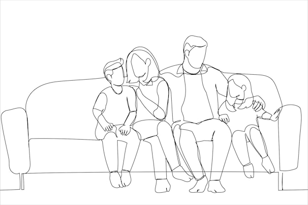 Cartoon of affectionate young parents relaxing on sofa cuddling small children Continuous line art