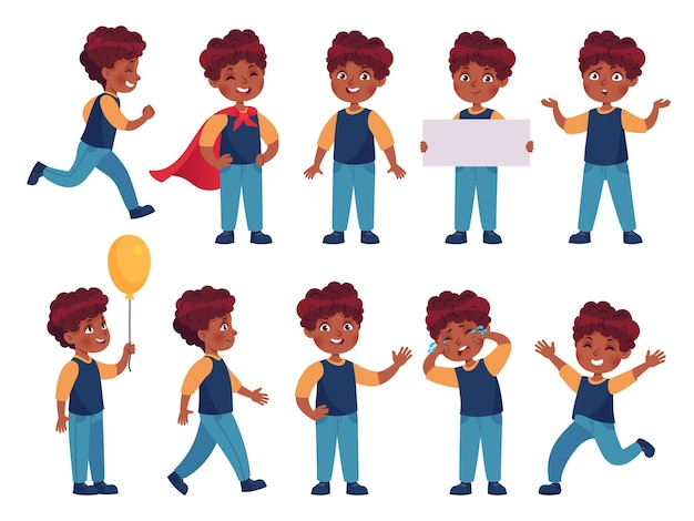 Cartoon african american boy character in various poses gestures and expression standing walking and running Kindergarten black kid crying jumping holding banner and waving vector set
