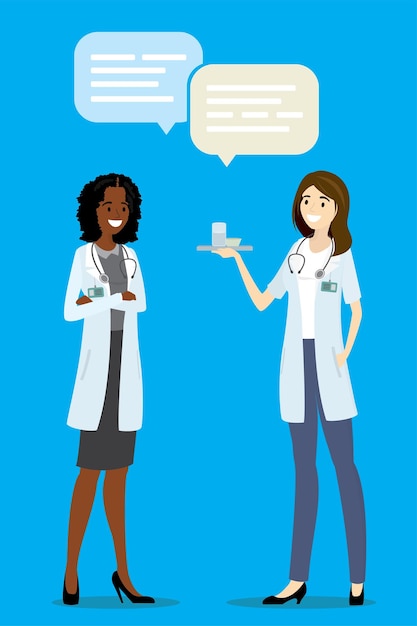 cartoon african american and european doctors or nurse talking vector illustration