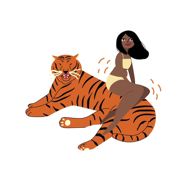 Cartoon african american girl riding a tiger The concept of a womans inner strength A wild animal Female energy Vector illustration handdrawn on a white isolated background