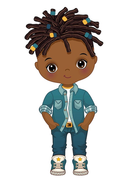 Cartoon afro boy wearing denim outfit