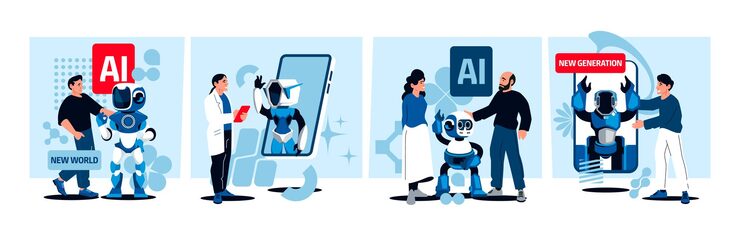 Vector cartoon ai concept artificial intelligence chatbot web application machine learning software dialog system bot for website or application vector isolated set scientist developing bot