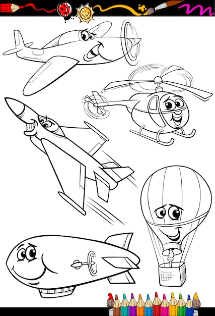 cartoon aircraft set for coloring book