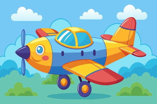 A cartoon airplane with a smiling face is flying through the sky