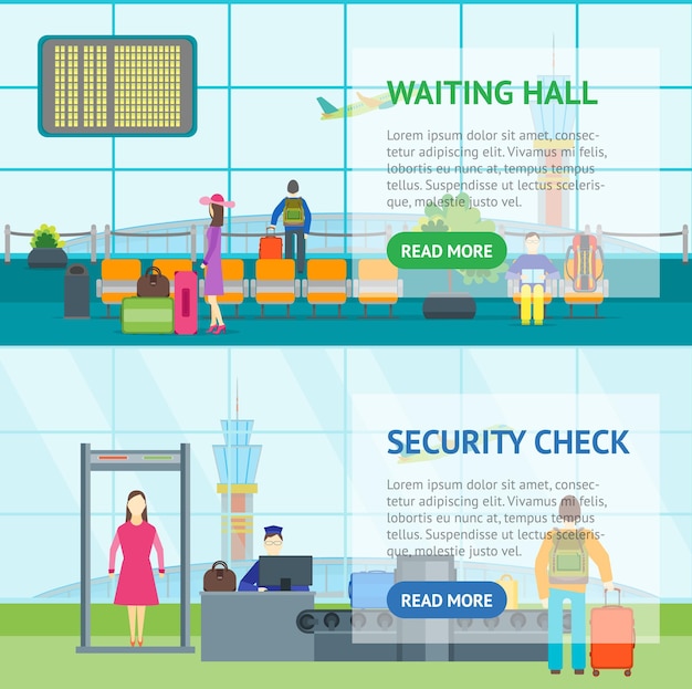 漫画空港待機とセキュリティ制御バナー水平フラットデザインスタイル乗客ベクトルイラストとターミナルホールのインテリア