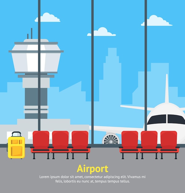 Cartoon Airport Waiting Interior of Terminal Hall Card Poster Vector