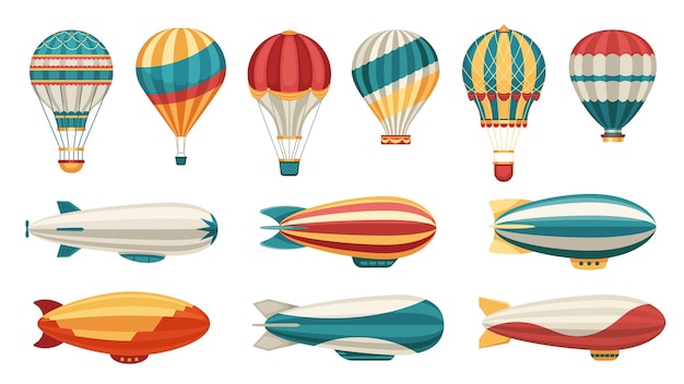 漫画飛行船飛行船熱気球輸送キャビンとバスケット古い空中輸送カラフルな航空機航空技術アイコン ベクトルを設定