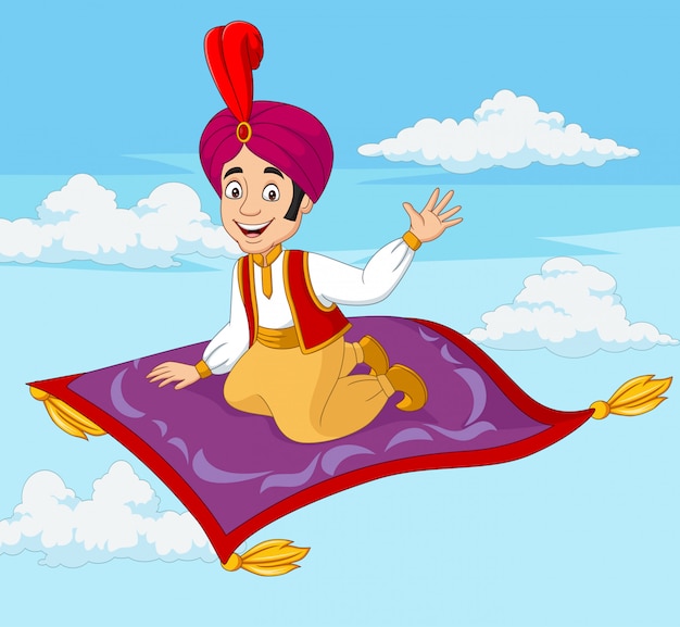 Cartoon aladdin viaggiando sul tappeto volante