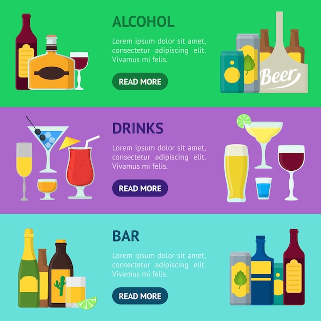 Cartoon alcoholic beverages banner horizontal set vector