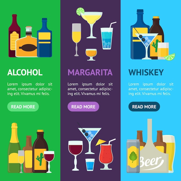 Cartoon Alcoholic Beverages Banner Vecrtical Set Vector