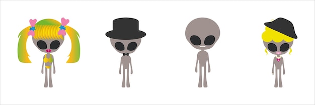 Cartoon alien collection. Set of different ET with different wearings and styles, isolated, EPS10