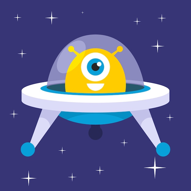 A cartoon of an alien spaceship with a blue background