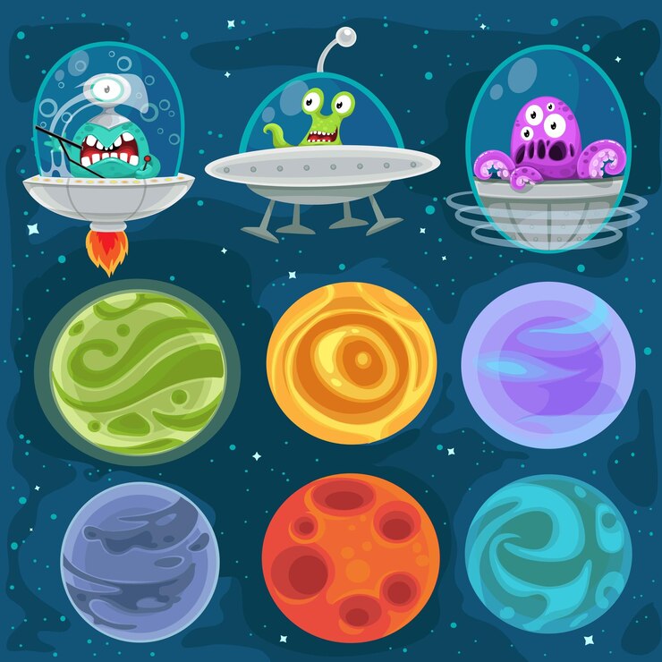 Vector cartoon aliens in spaceships set of planets in space background
