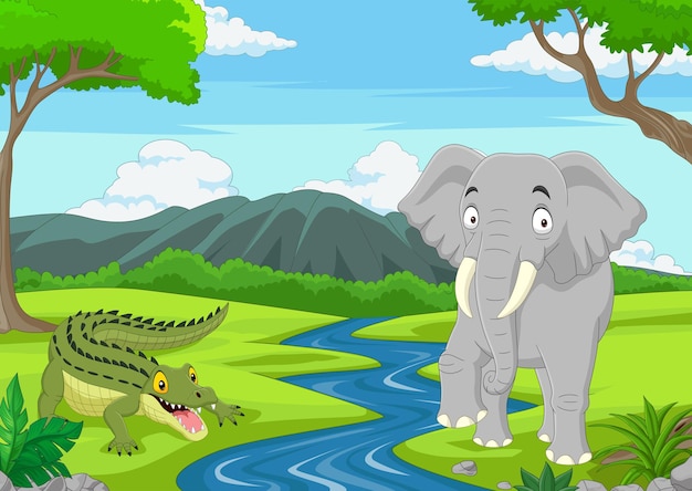 Мультяшный аллигатор со слоном в джунглях