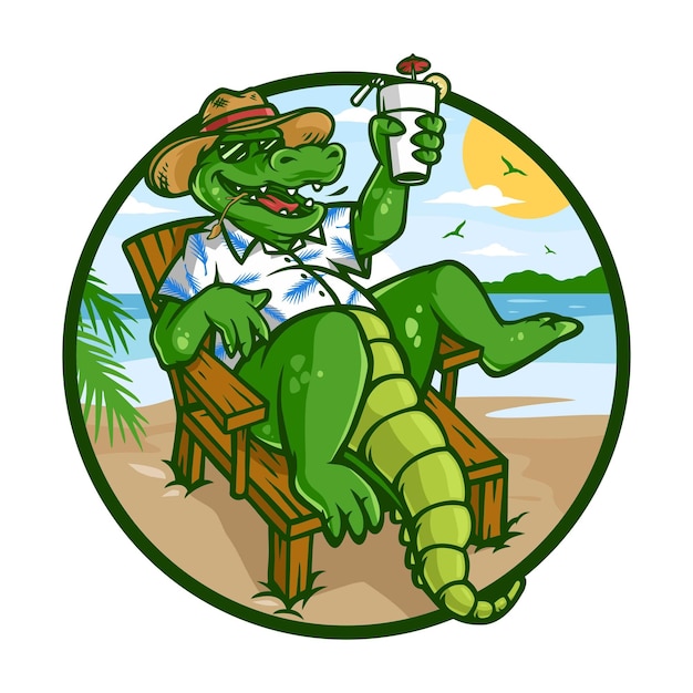 Cartoon alligator zonnebaden en ontspannen op het strand vectorillustratie