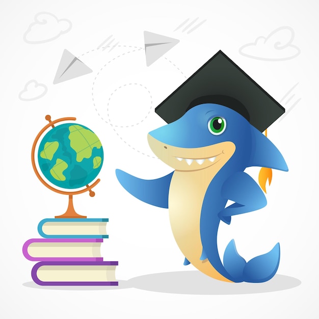 Vector cartoon alligtor mascot in graduate hat standing near book pack and globe student crocodile saying hi to children