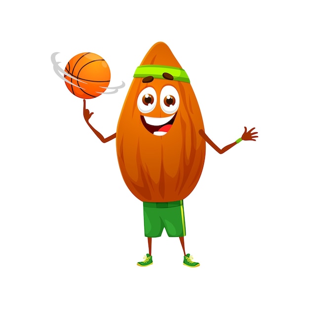 Мультяшный персонаж миндального ореха легко вращает баскетбольный мяч на пальце, демонстрируя игривый характер и впечатляющие навыки. Изолированный векторный персонаж-спортсмен, участвующий в спортивной игре.
