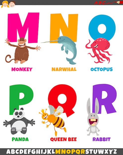 Cartoon alphabet set with funny animal characters