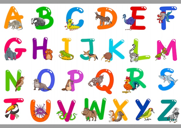 Vector cartoon alphabet with happy animal characters