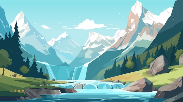 Vector cartoon alpine landscape with cascading waterfall crystalclear lake and snowcapped mountains