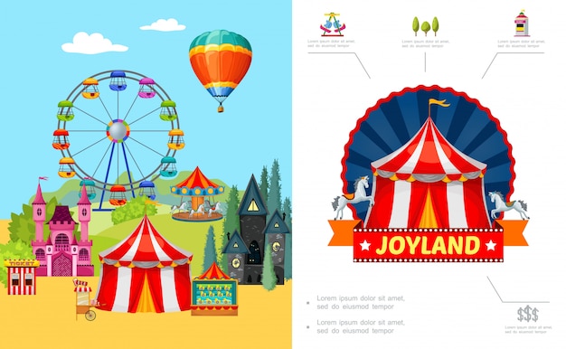 Cartoon amusement park composition with ferris wheel castle horror house food cart ticket booth shooting gallery hot air balloon