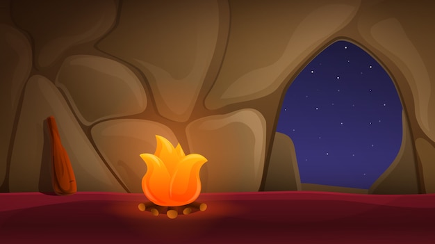 Cartoon ancient cave with bonfire, vector illustration