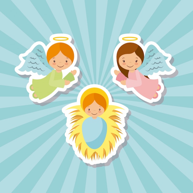 Vector cartoon angels and baby jesus